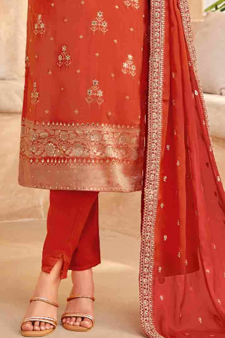 Orange Suit Set with Embroidered Zari Border Dupatta