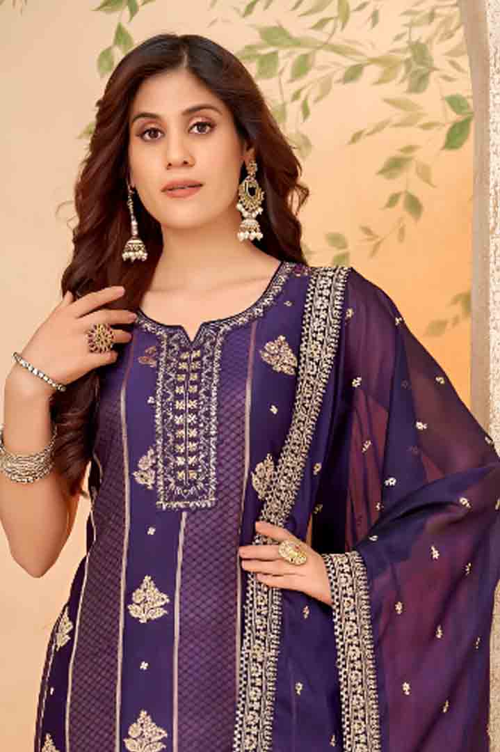 Purple Straight-Cut Suit Set with Embroidered Dupatta