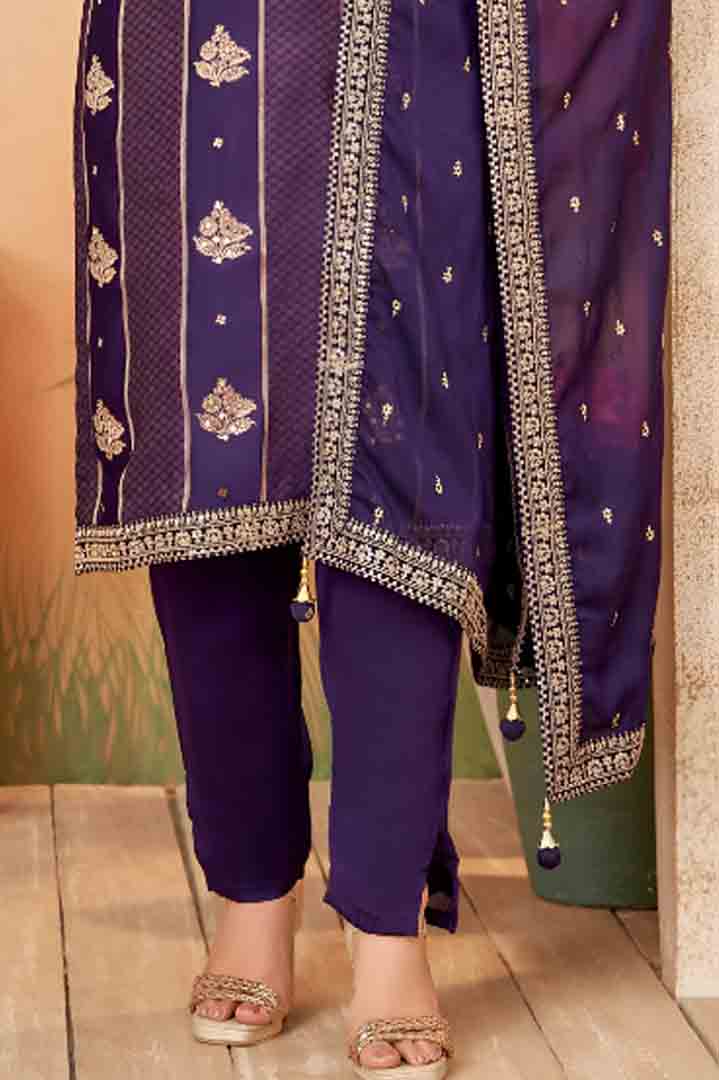 Purple Straight-Cut Suit Set with Embroidered Dupatta