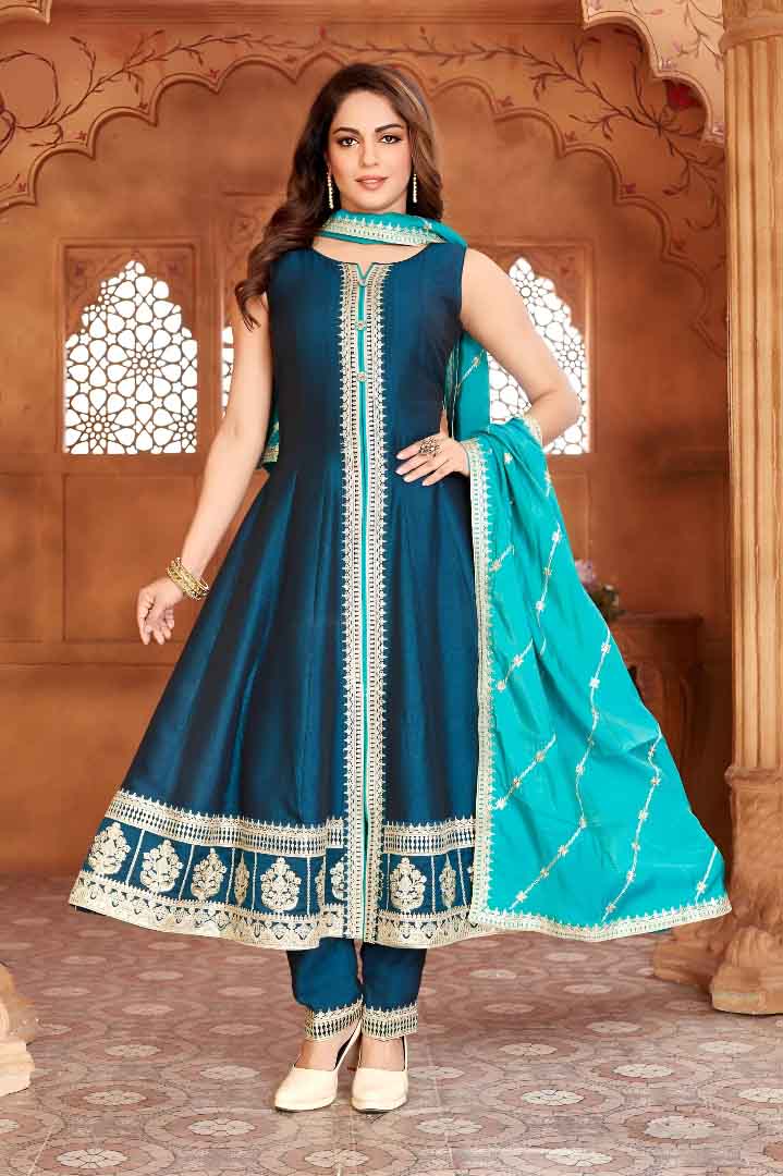 Navy Blue Anarkali Suit with Contrasting Blue Embroidered Dupatta