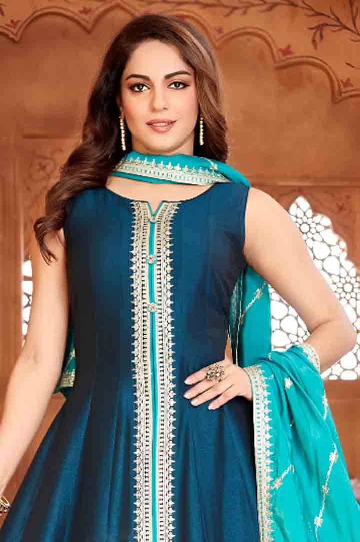 Navy Blue Anarkali Suit with Contrasting Blue Embroidered Dupatta