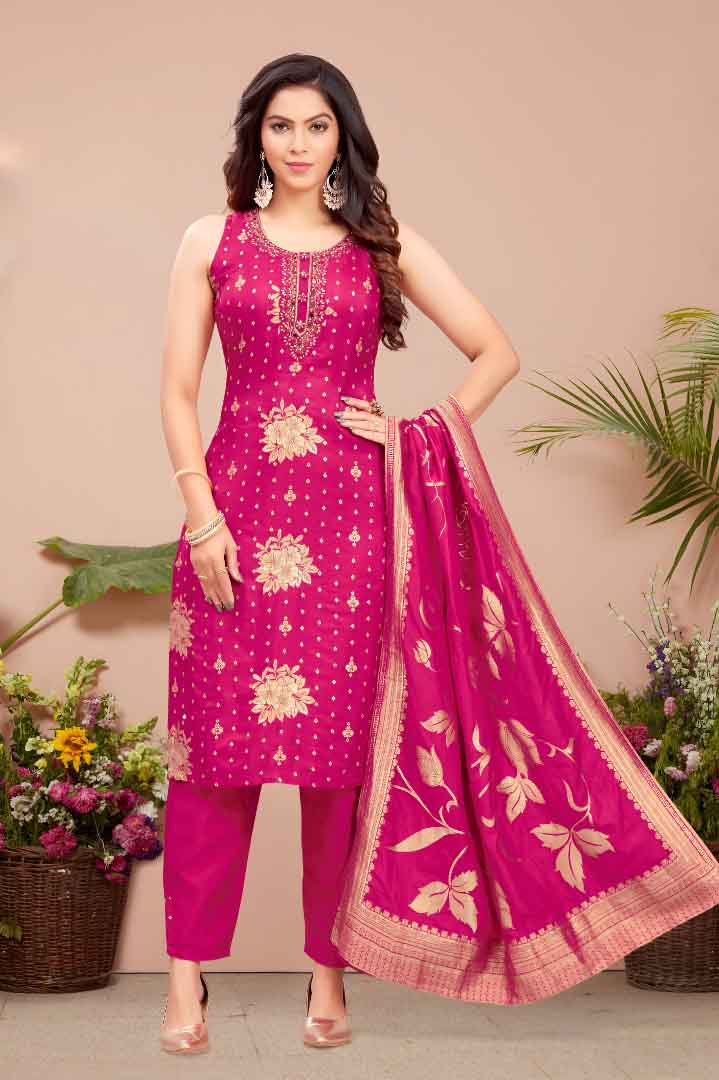 Pink Suit Set with Golden Floral Print