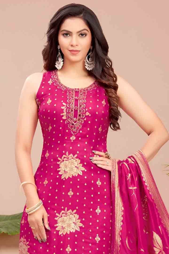 Pink Suit Set with Golden Floral Print