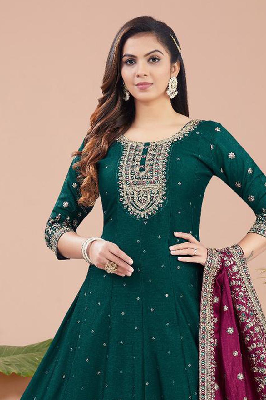 Emerald Green Embroidered Anarkali Suit with Maroon Dupatta