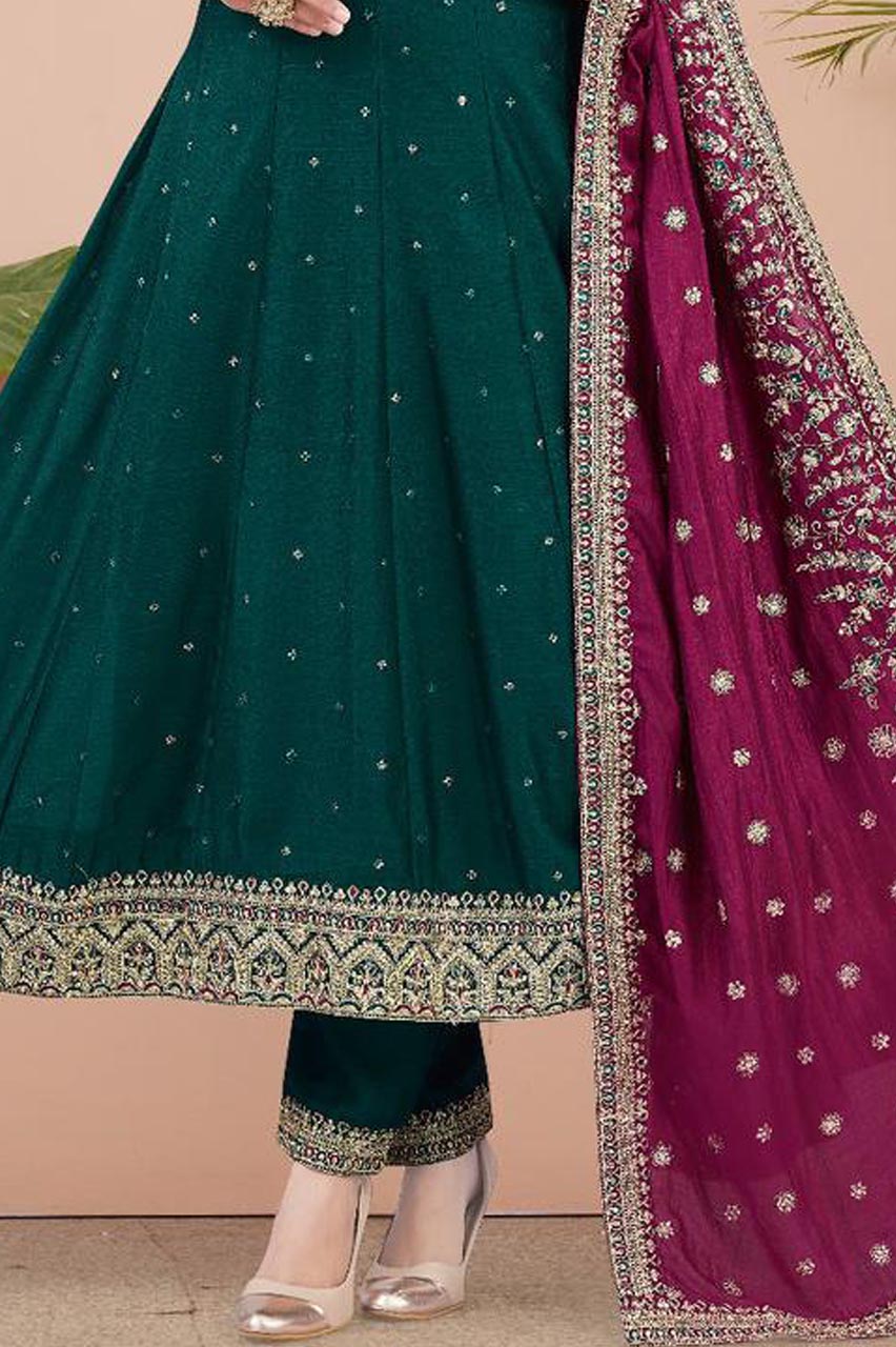 Emerald Green Embroidered Anarkali Suit with Maroon Dupatta