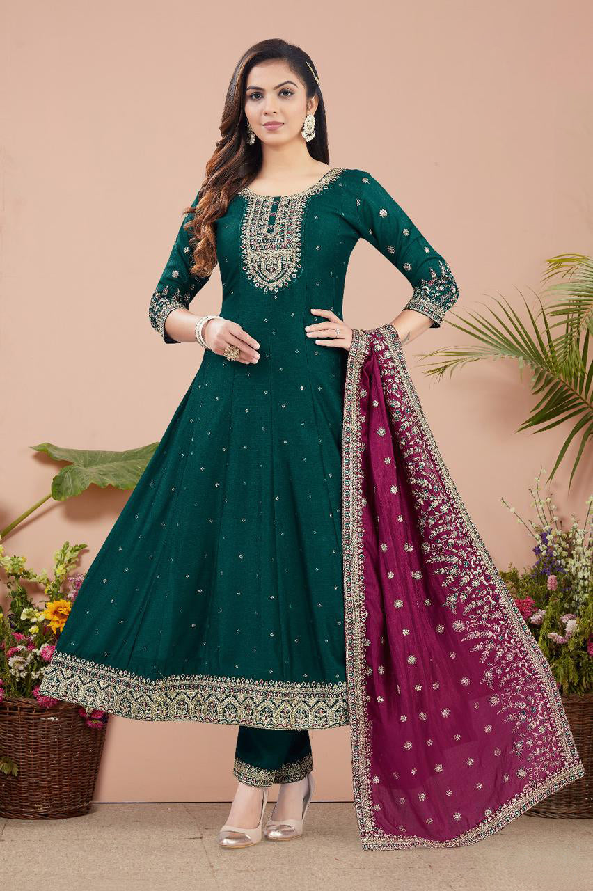 Emerald Green Embroidered Anarkali Suit with Maroon Dupatta