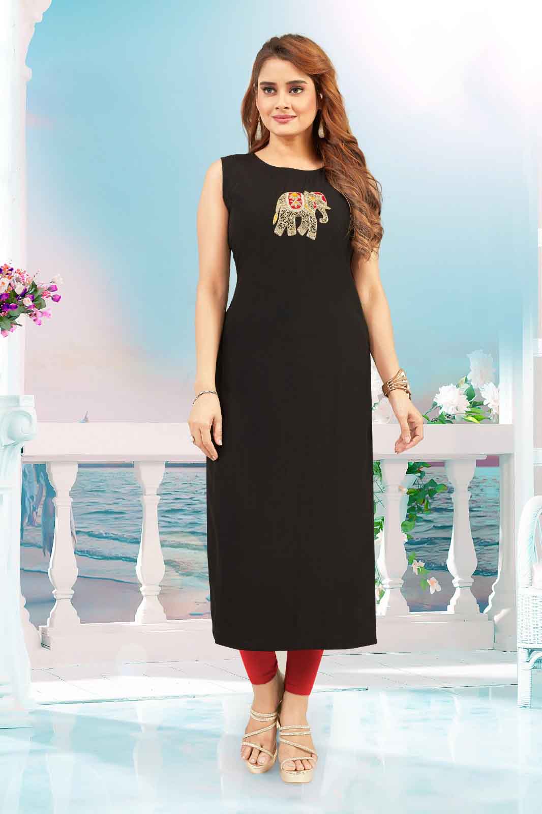 Black Kurti with Embroidered Elephant Motif