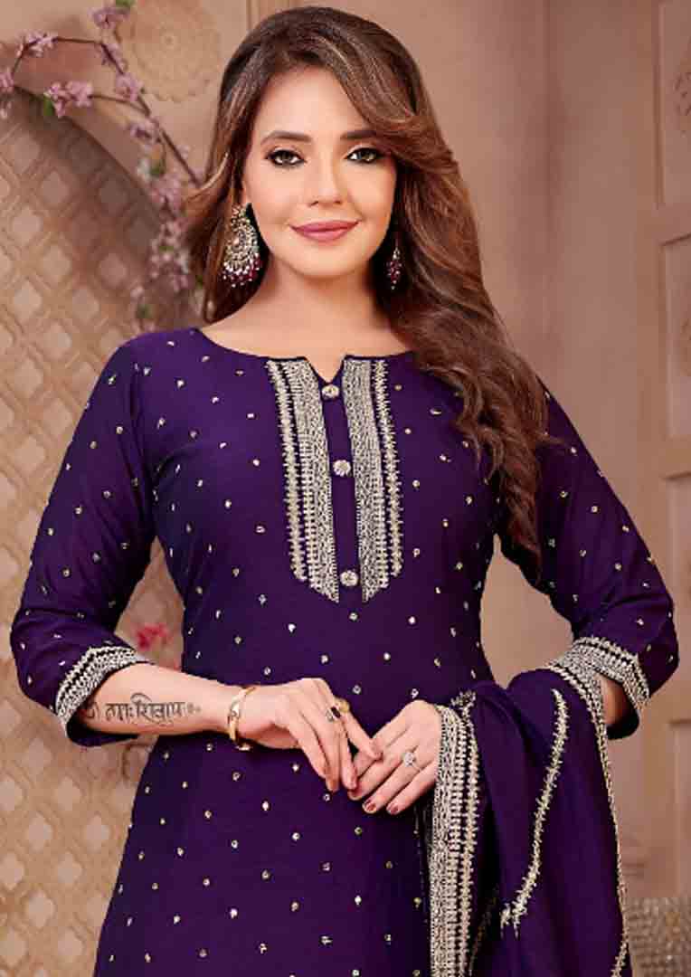 Purple Straight Suit with Heavy Border Embroidery