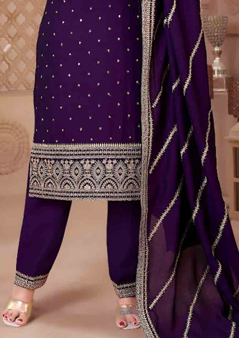 Purple Straight Suit with Heavy Border Embroidery