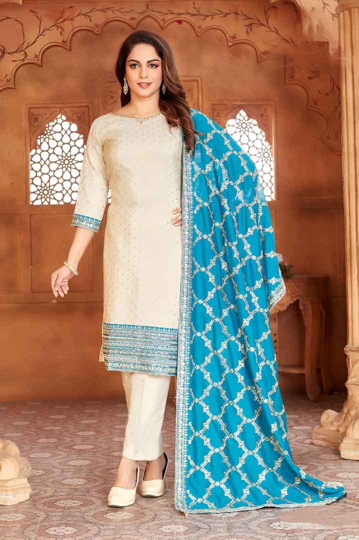 Beige Straight-Cut Suit Set with Blue Printed Dupatta