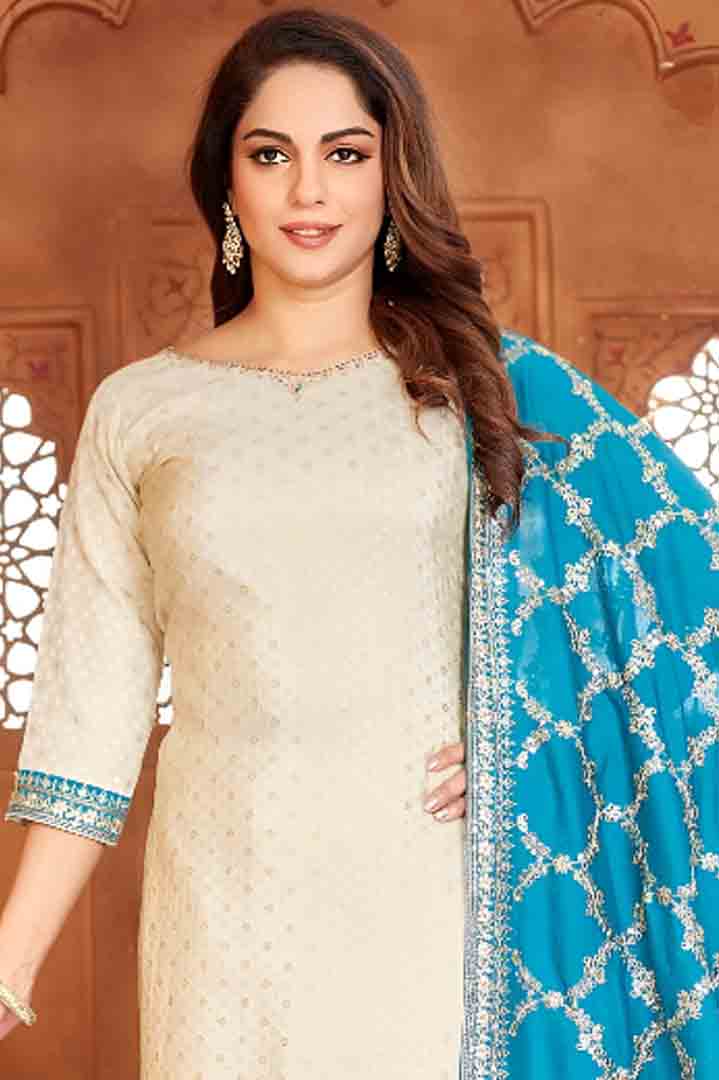 Beige Straight-Cut Suit Set with Blue Printed Dupatta