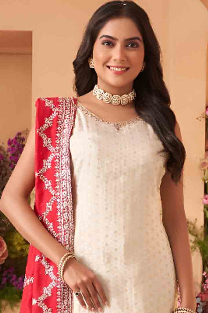 Ivory Straight-Cut Suit Set with Red Printed Dupatta