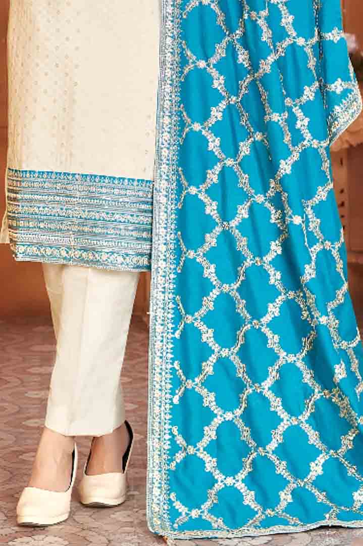 Beige Straight-Cut Suit Set with Blue Printed Dupatta