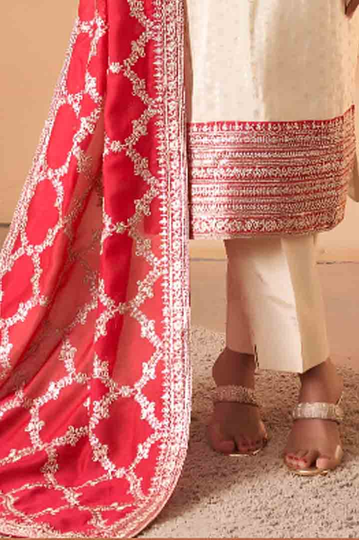 Ivory Straight-Cut Suit Set with Red Printed Dupatta