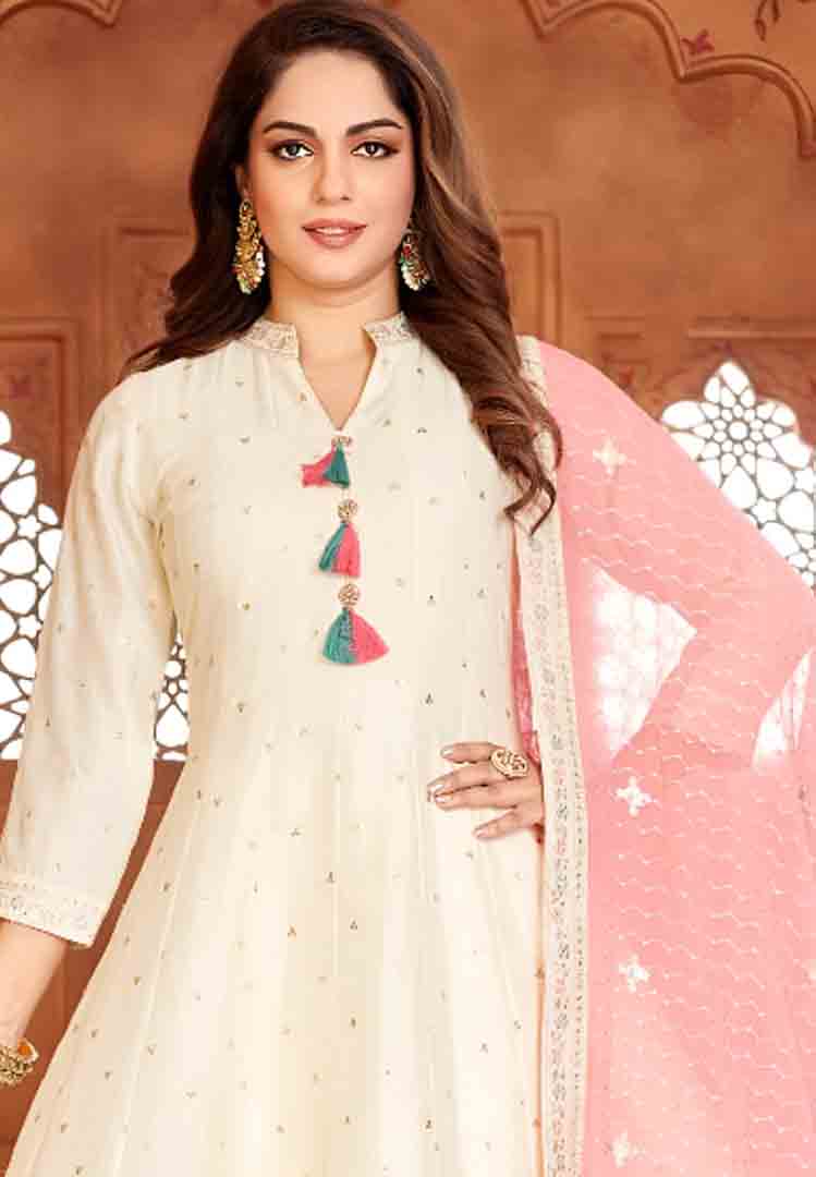 Ivory Anarkali Suit with Tassels & Peach Dupatta