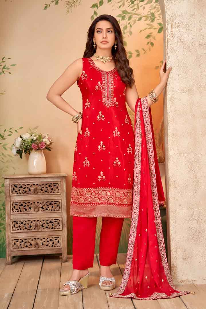 Red Suit Set with Zari Embroidered Dupatta