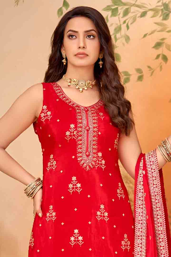 Red Suit Set with Zari Embroidered Dupatta