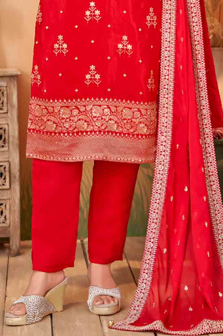 Red Suit Set with Zari Embroidered Dupatta
