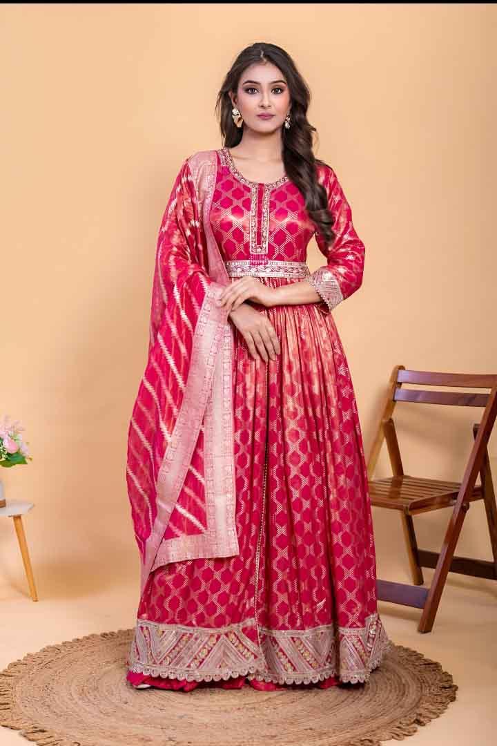Pink Banarasi Silk Anarkali Suit set with Dupatta