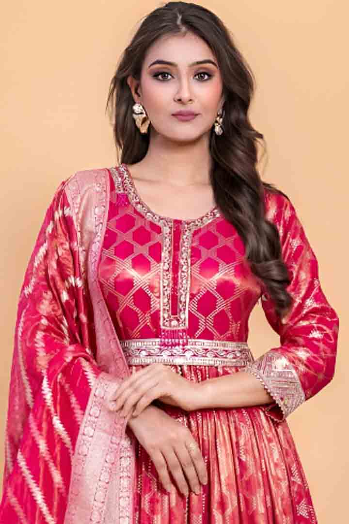 Pink Banarasi Silk Anarkali Suit set with Dupatta