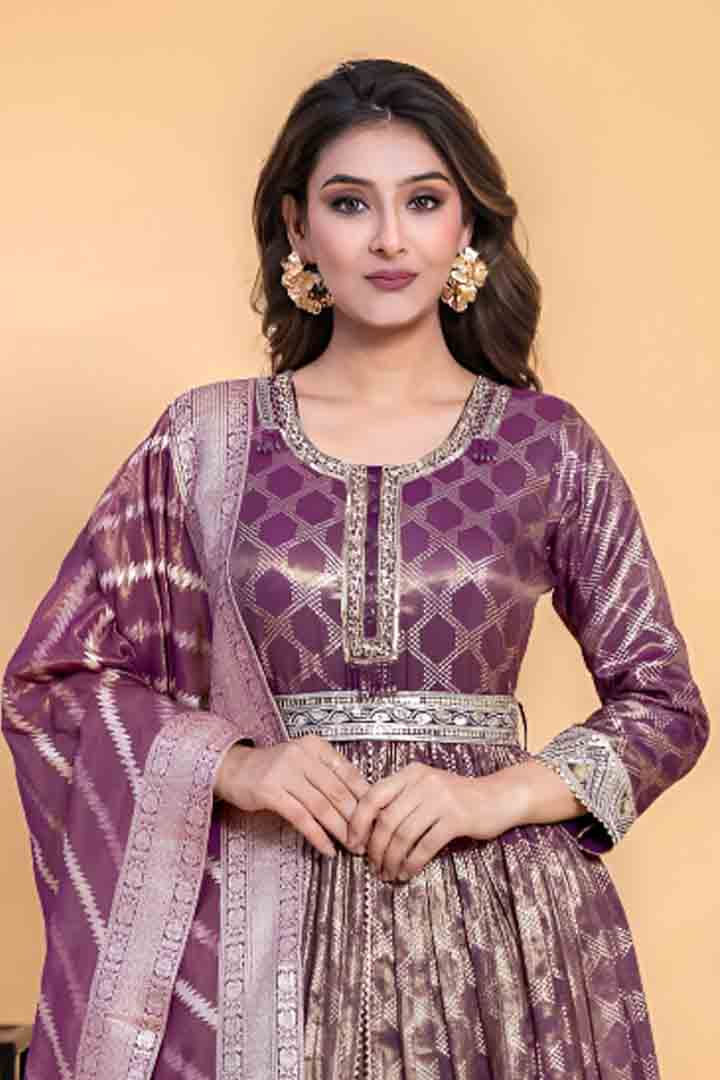 Purple Banarasi Silk Anarkali Suit set with Dupatta