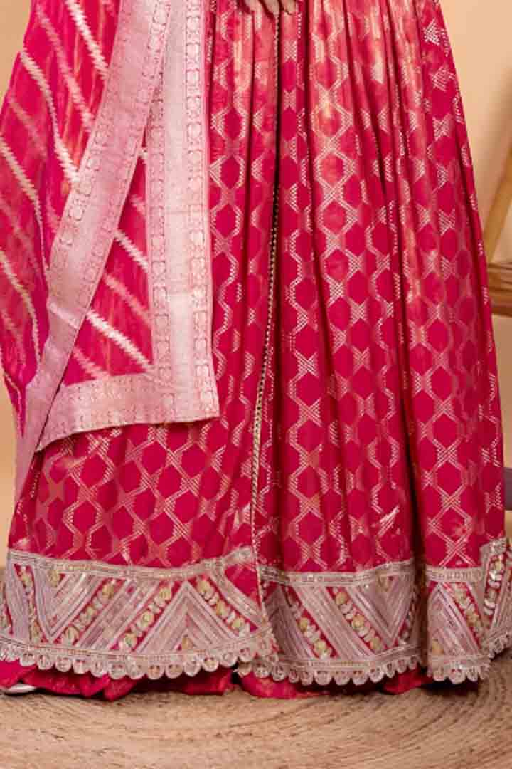 Pink Banarasi Silk Anarkali Suit set with Dupatta
