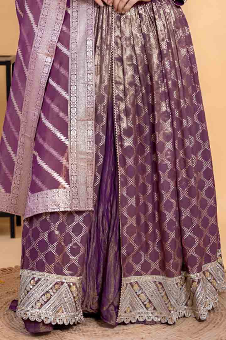 Purple Banarasi Silk Anarkali Suit set with Dupatta