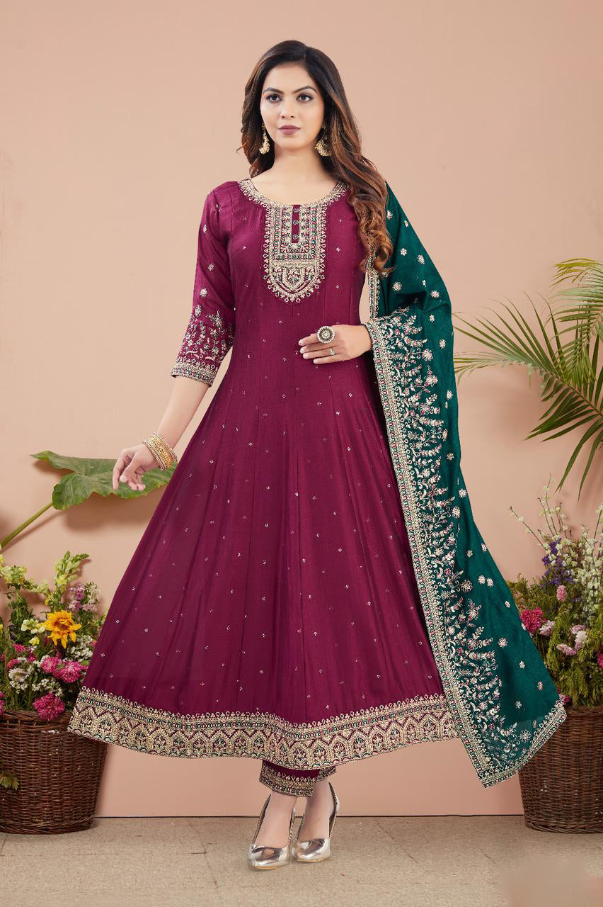 Wine Embroidered Anarkali Suit with Emerald Green Dupatta