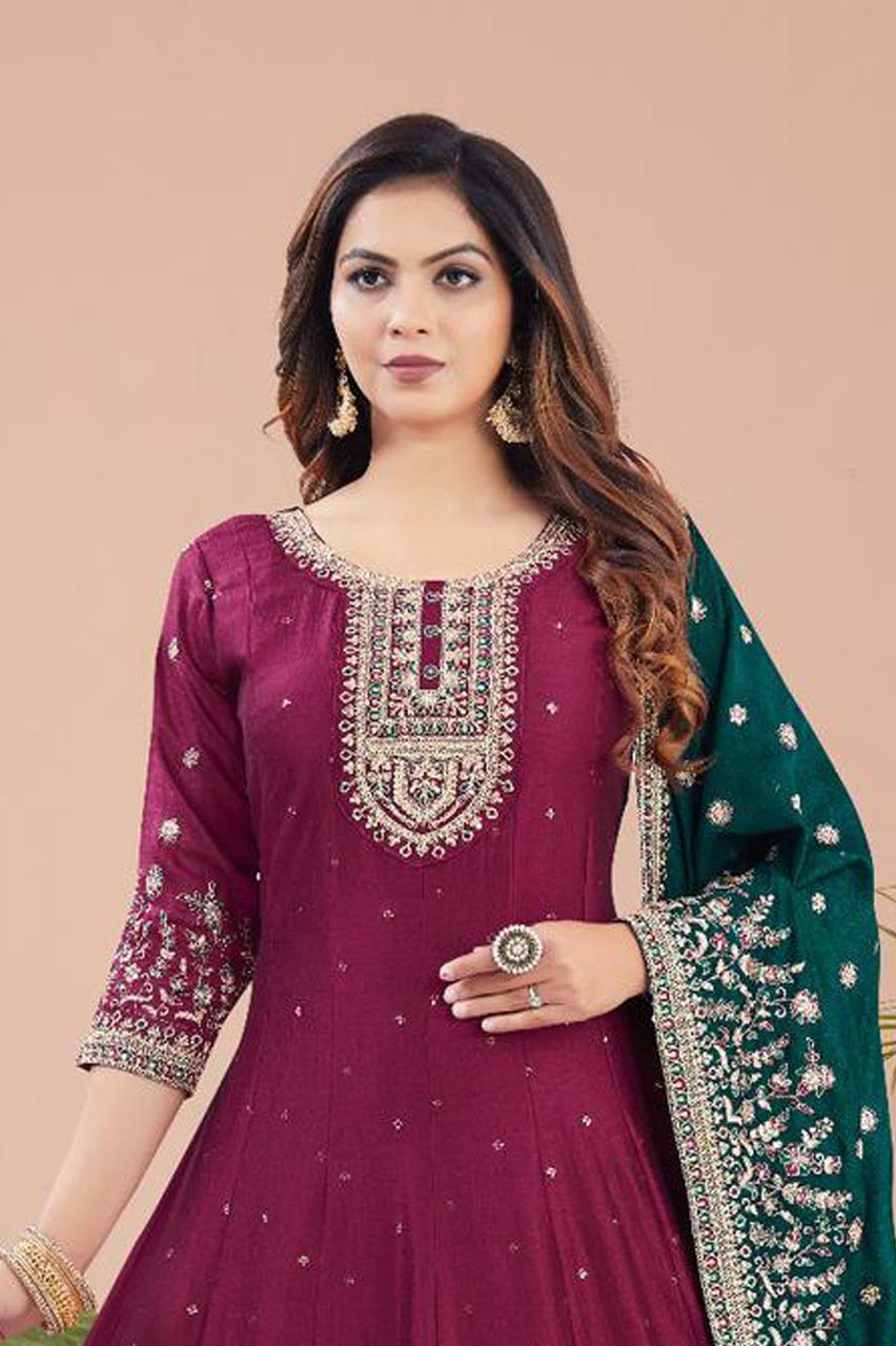 Wine Embroidered Anarkali Suit with Emerald Green Dupatta
