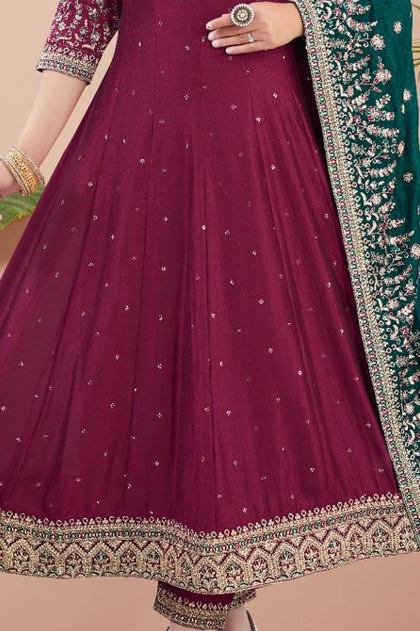 Wine Embroidered Anarkali Suit with Emerald Green Dupatta