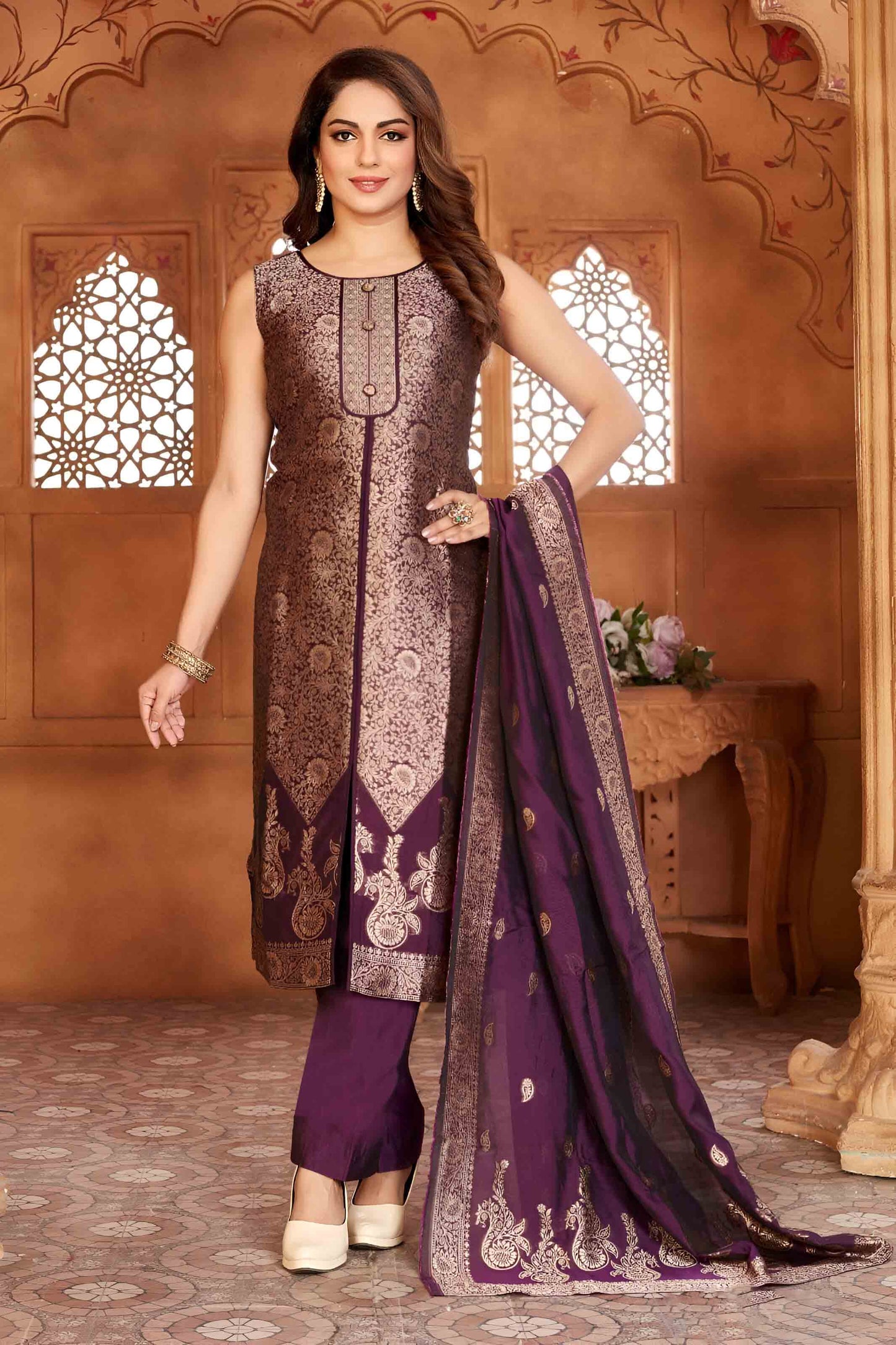 Purple Woven Banarasi Silk Suit with Dupatta