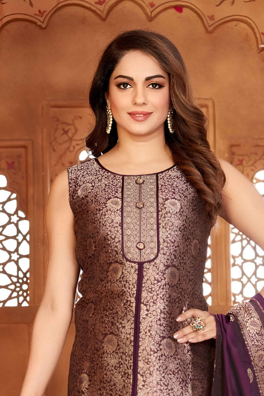 Purple Woven Banarasi Silk Suit with Dupatta