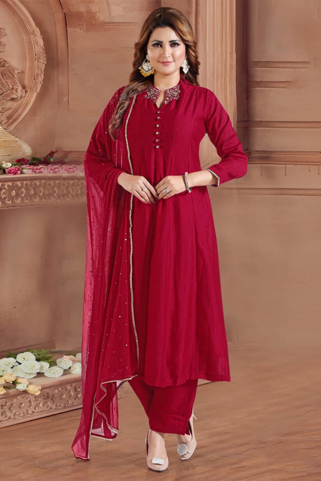 Red Kurta Set in Vichitra Silk with Handcrafted Neck Detailing