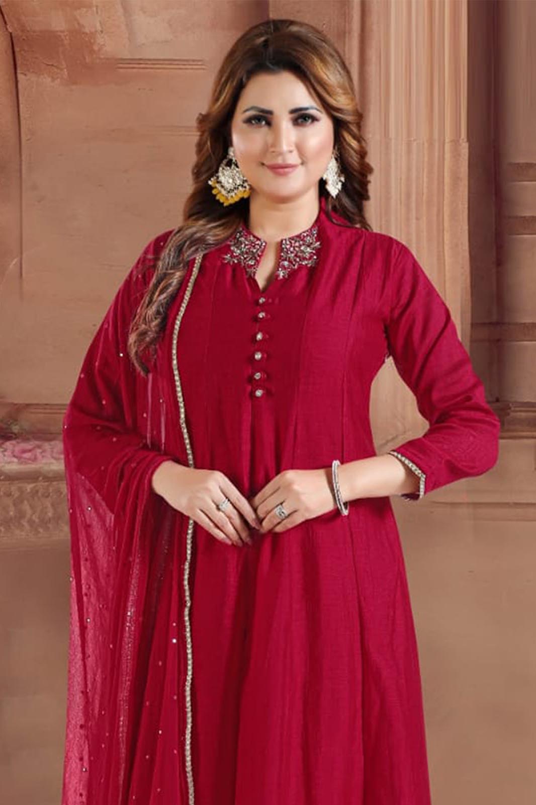 Red Kurta Set in Vichitra Silk with Handcrafted Neck Detailing