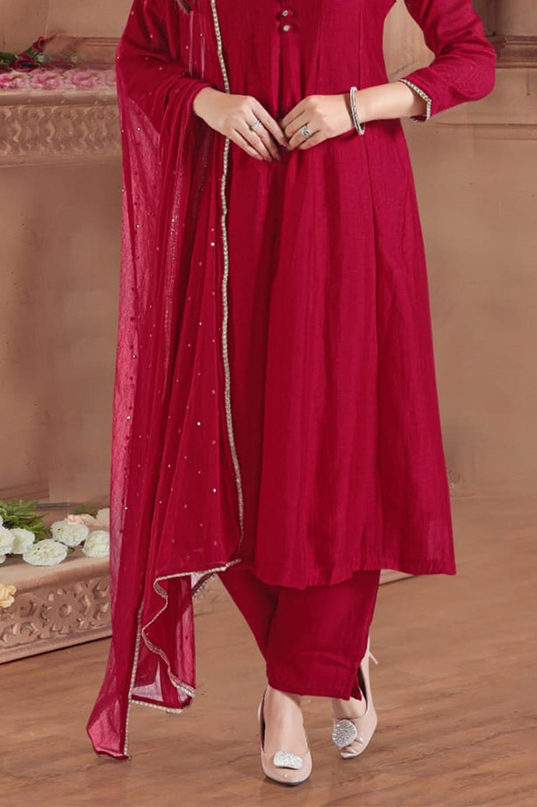 Red Kurta Set in Vichitra Silk with Handcrafted Neck Detailing