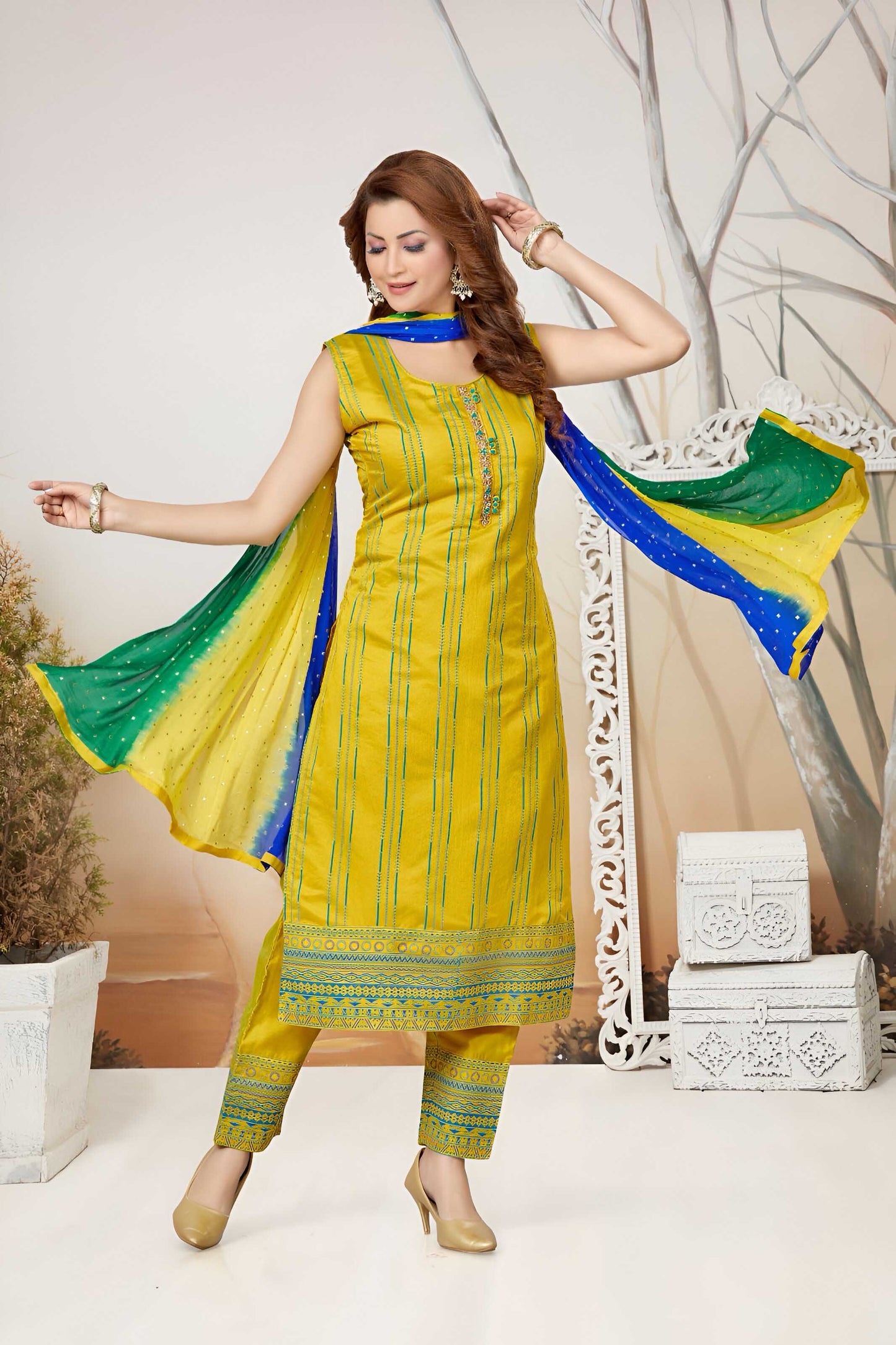 Yellow Suit with Colorful Dupatta Attached Sleeves