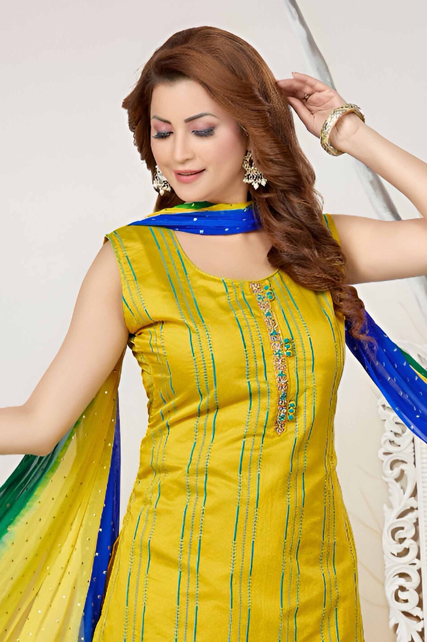 Yellow Suit with Colorful Dupatta Attached Sleeves