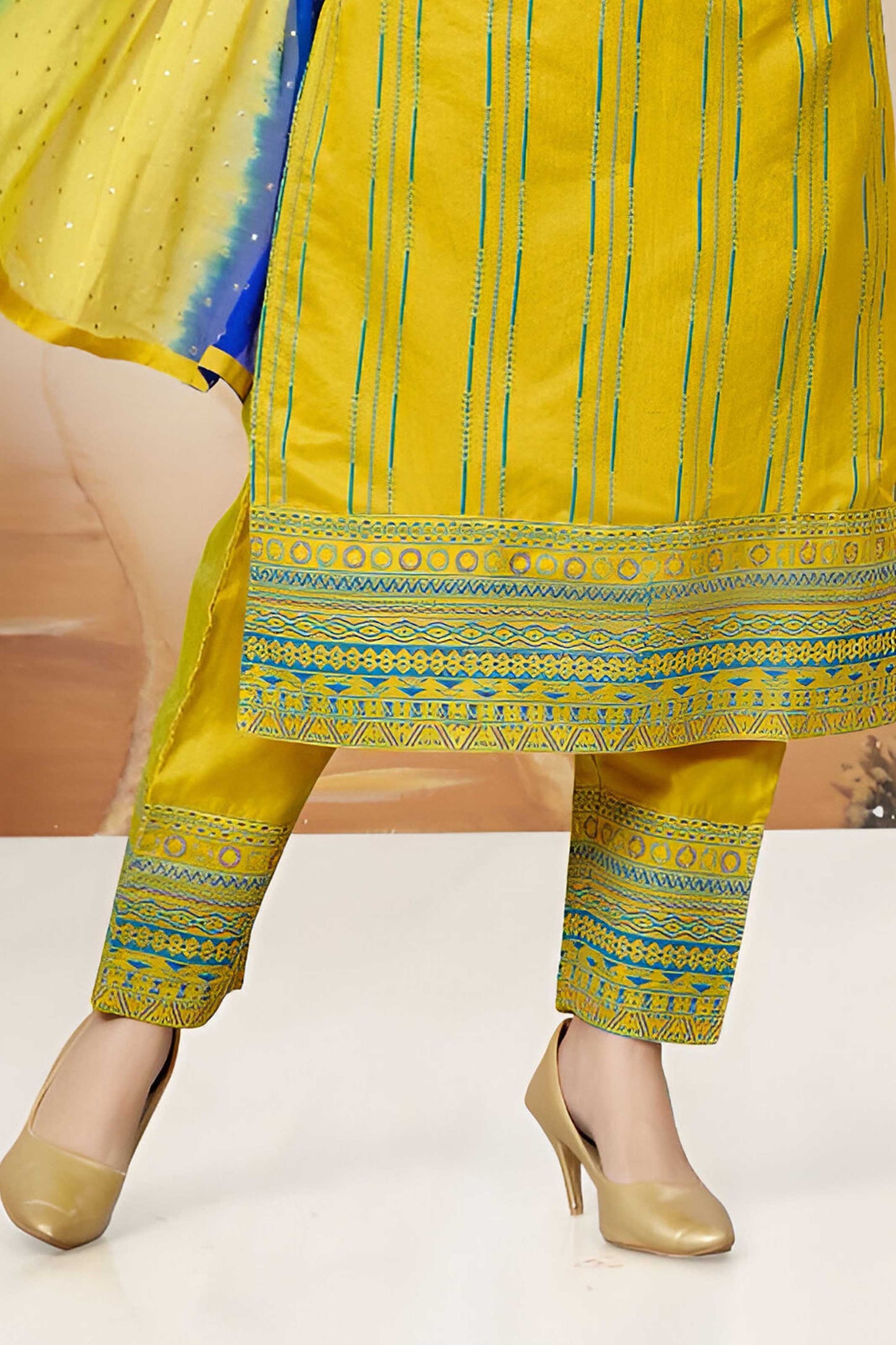 Yellow Suit with Colorful Dupatta Attached Sleeves