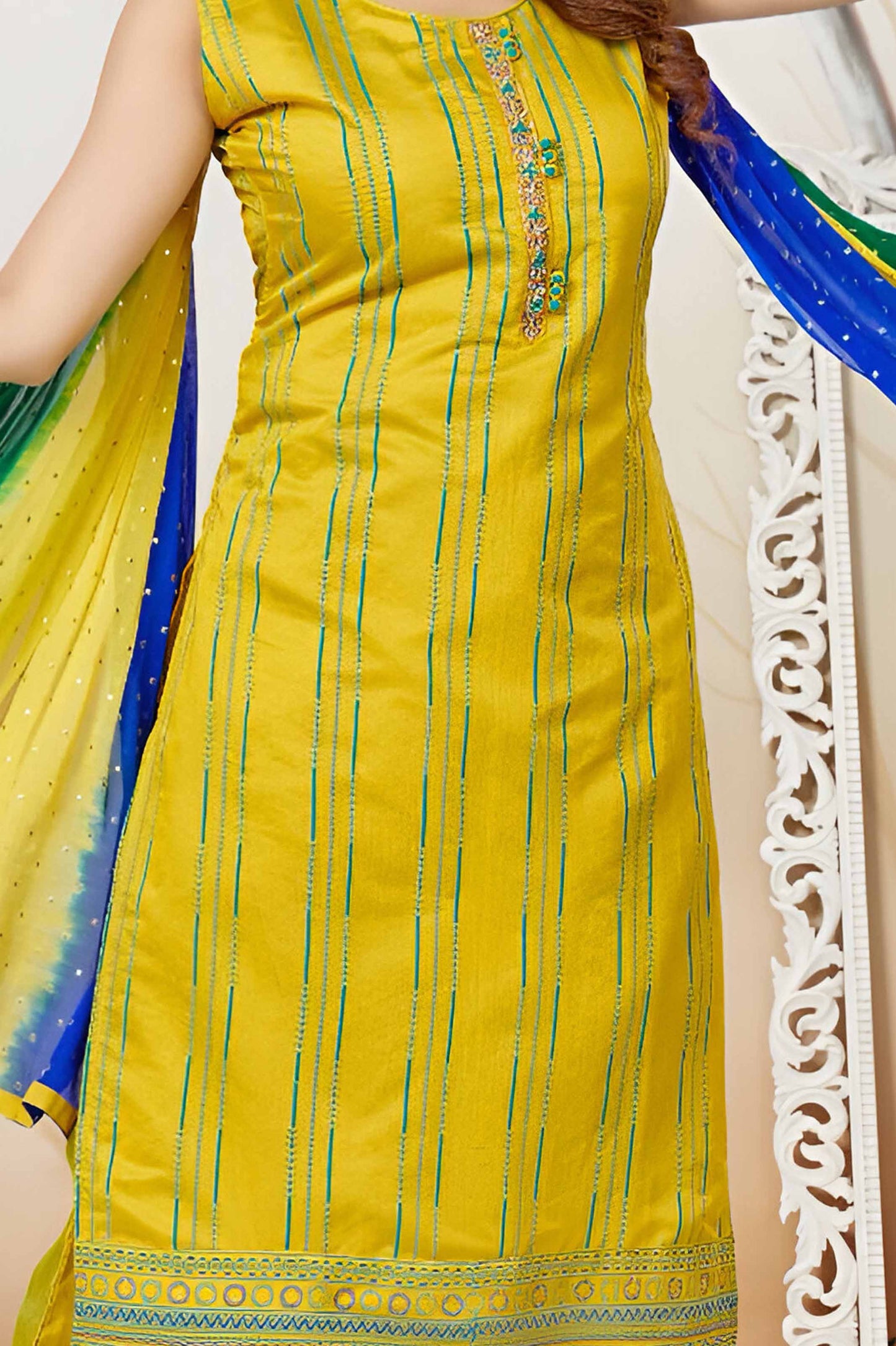 Yellow Suit with Colorful Dupatta Attached Sleeves