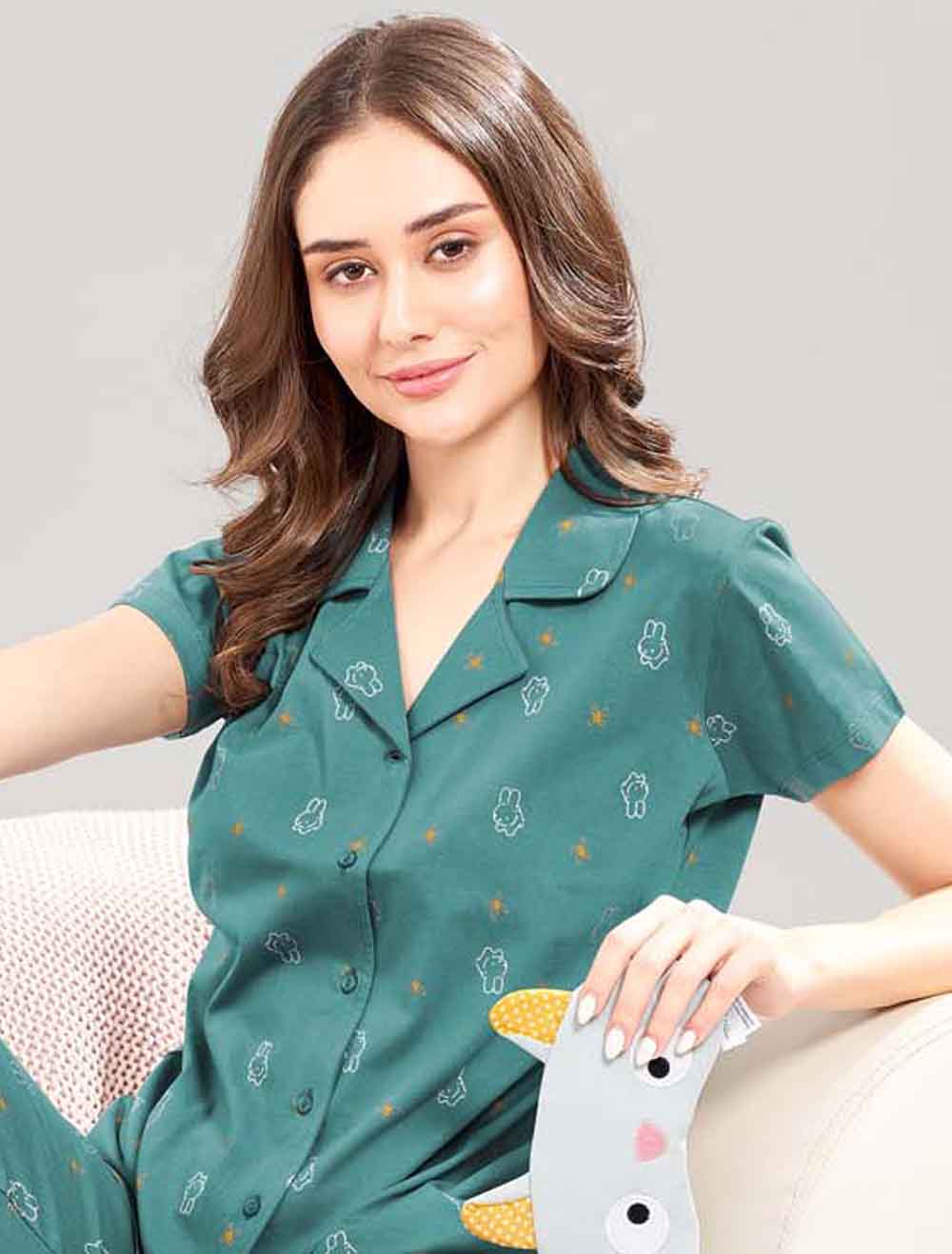 Women's Teal Printed Hosiery Night Suit