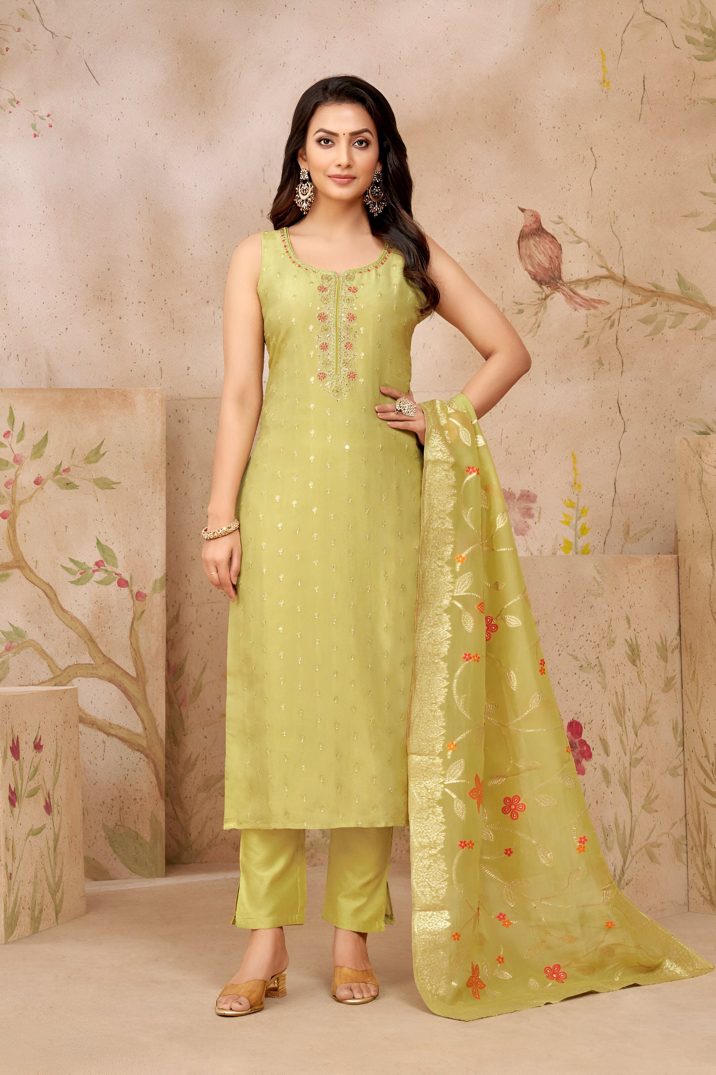 Graceful Kurta Suit with Embroidered Neck & Elegant Dupatta
