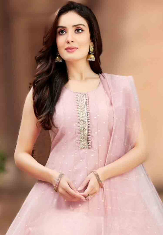Pink Embroidered Flared Suit Set with Dupatta