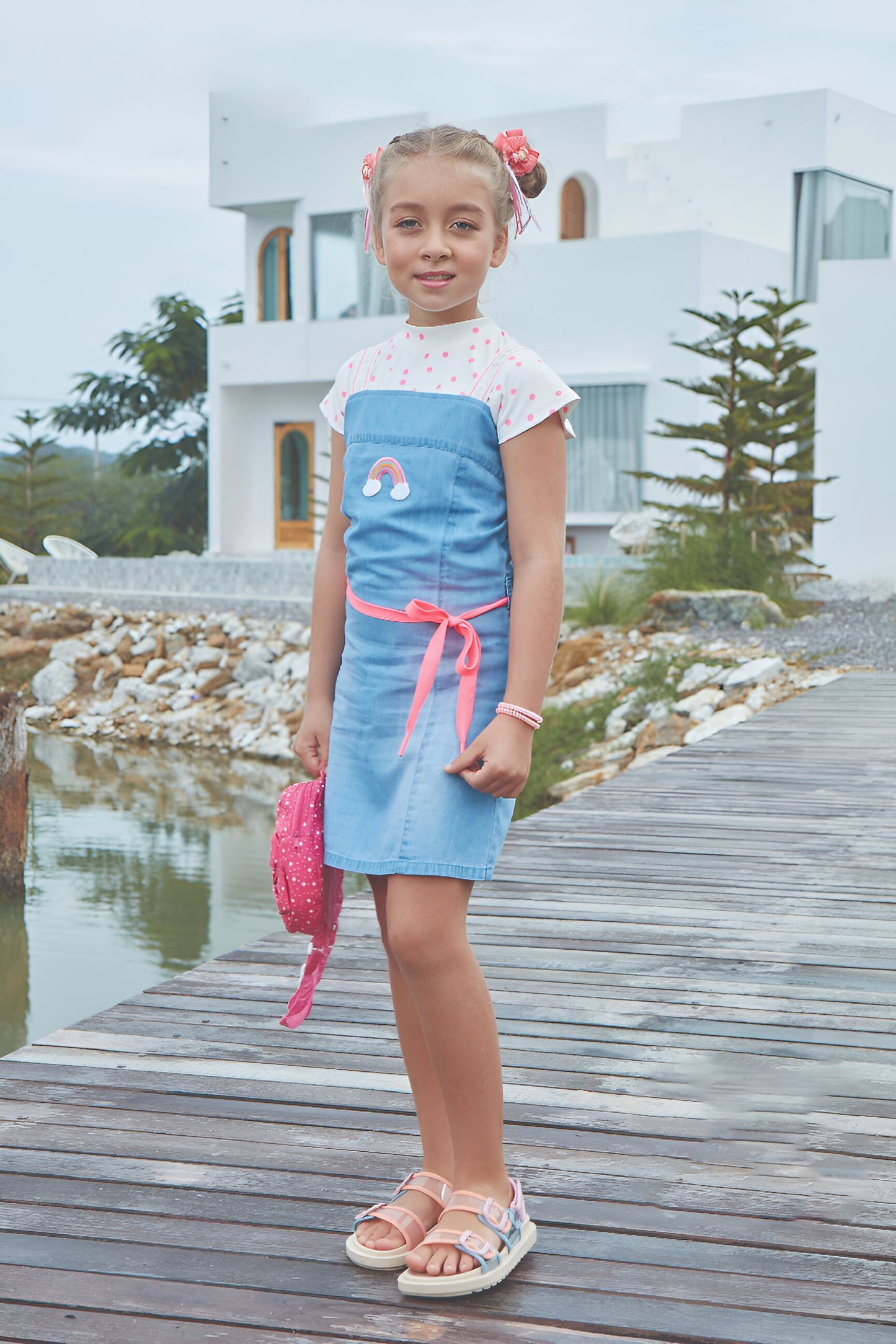 Girls' Denim-Look Dress with Rainbow Detail