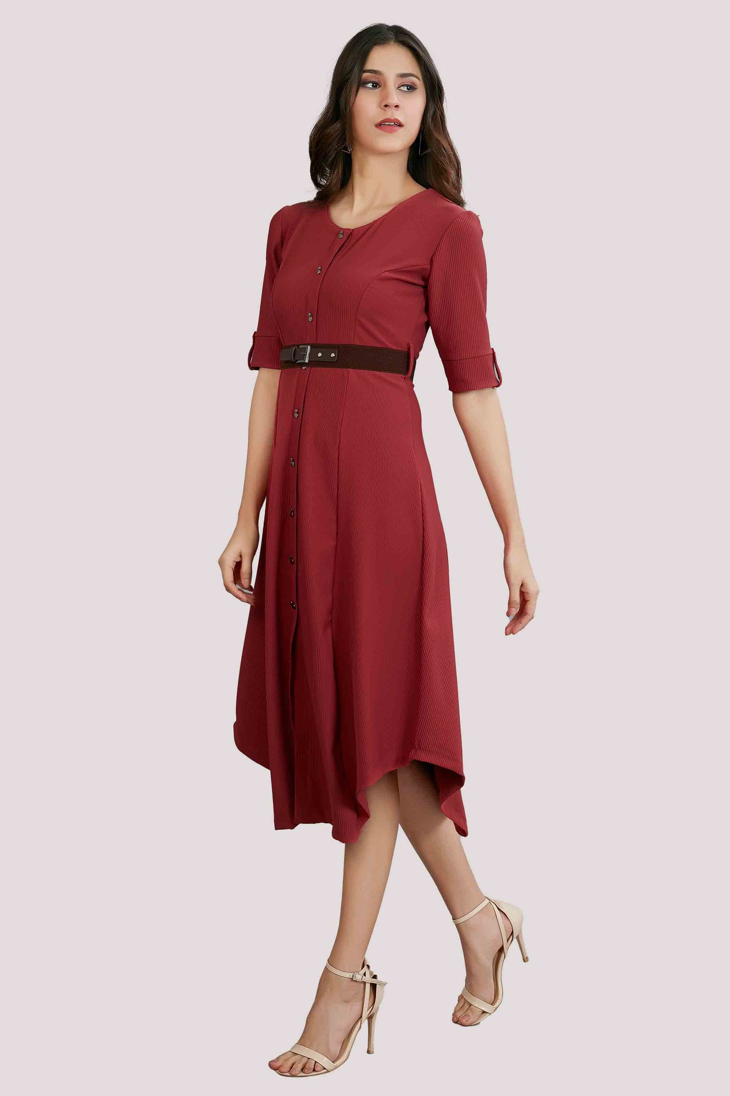 Maroon Solid Fit & Flare Midi Dress with Belt