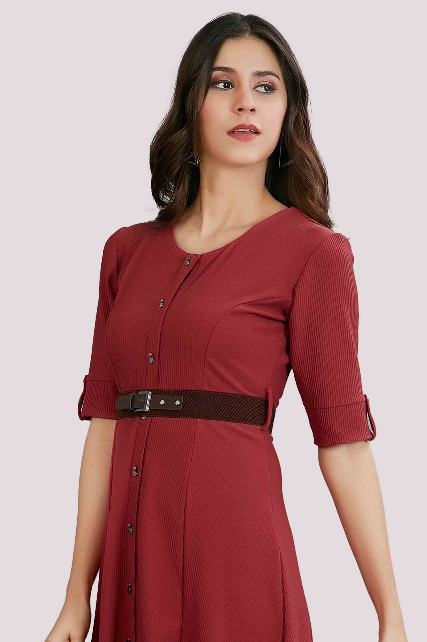 Maroon Solid Fit & Flare Midi Dress with Belt