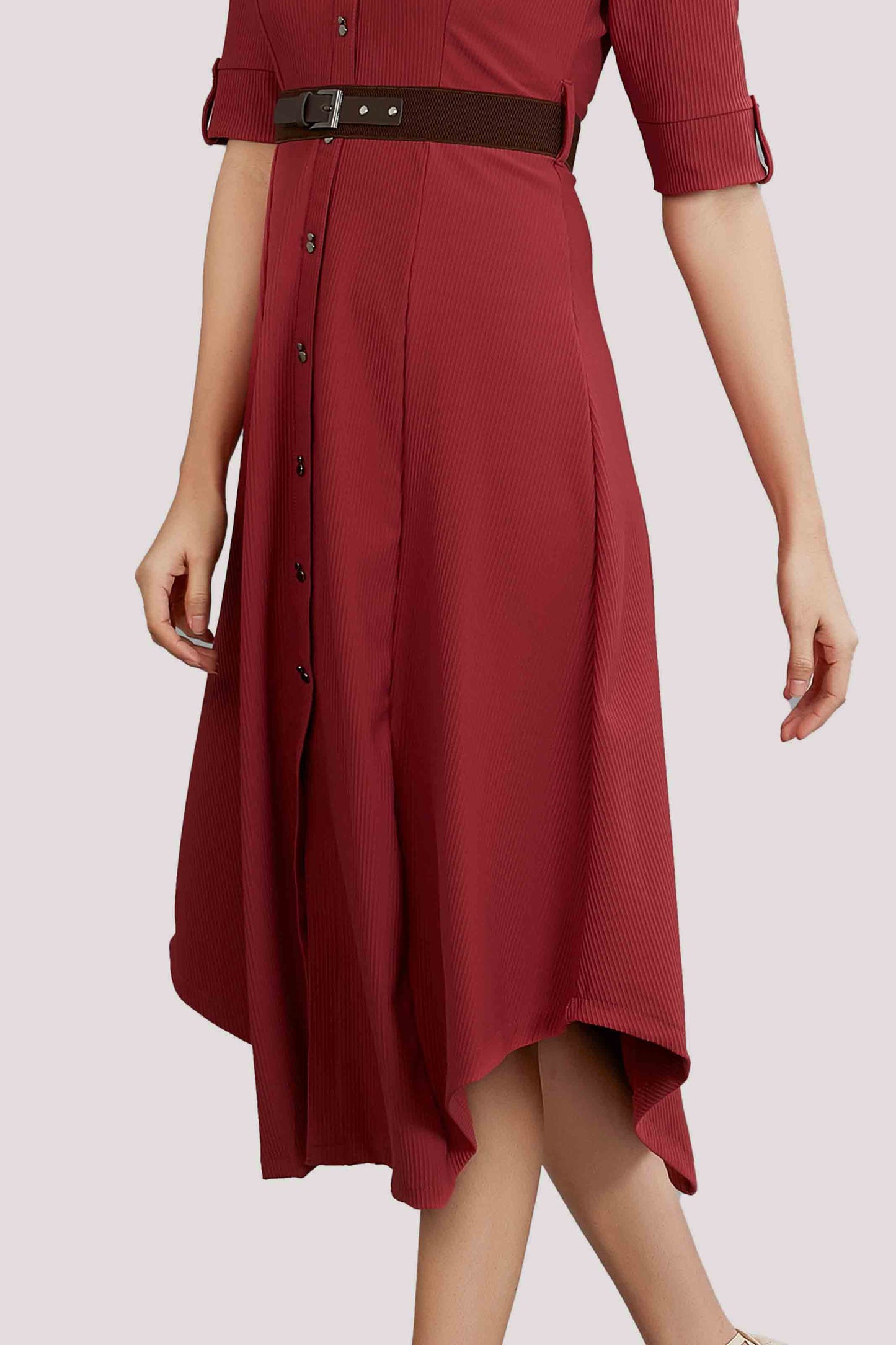 Maroon Solid Fit & Flare Midi Dress with Belt
