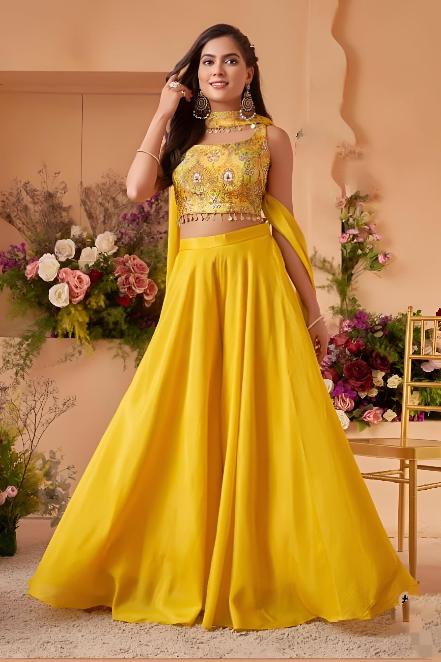 Bright Yellow Mirror Embroidered Crop Top with Russian Palazzo Set