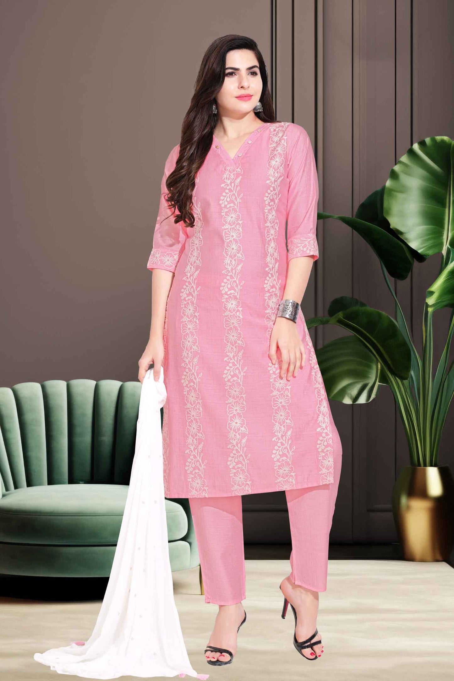 Pink Kurti Set with White Embroidery & Contrast Dupatta
