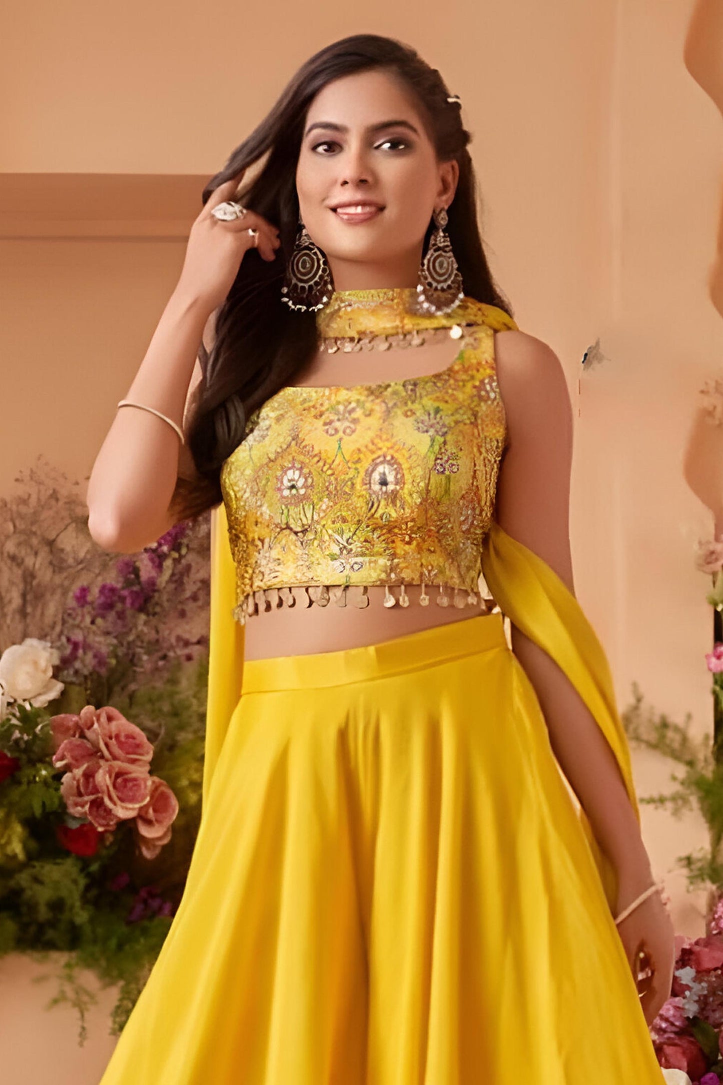 Bright Yellow Mirror Embroidered Crop Top with Russian Palazzo Set