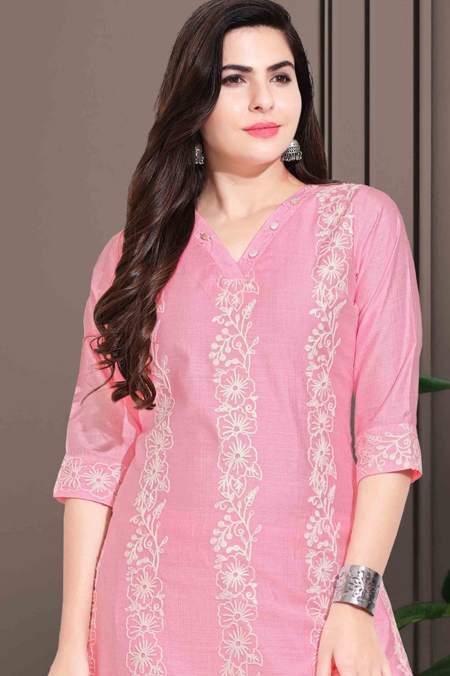 Pink Kurti Set with White Embroidery & Contrast Dupatta